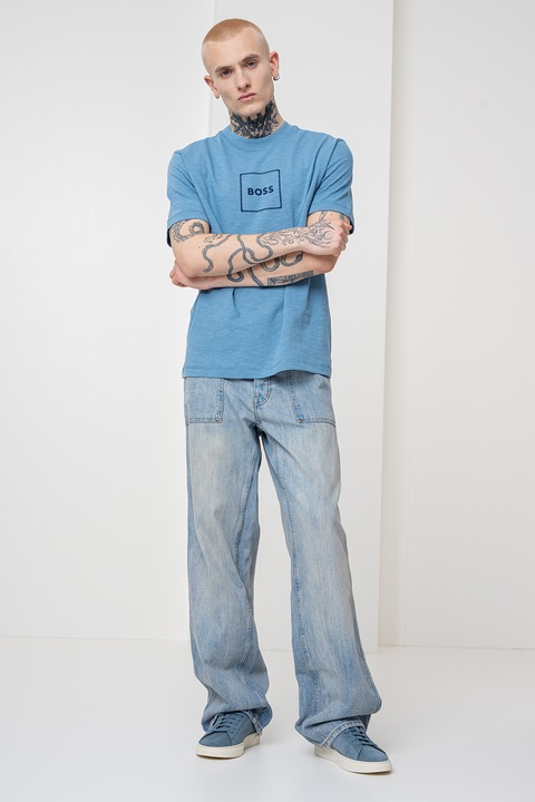 BOSS, Tricou din amestec de in, Albastru lavanda