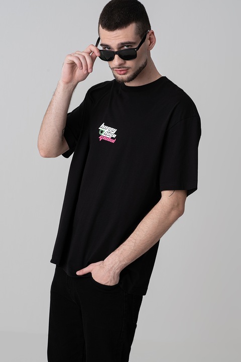 HUGO, Tricou cu logo si decolteu la baza gatului, Alb/Negru/Roz