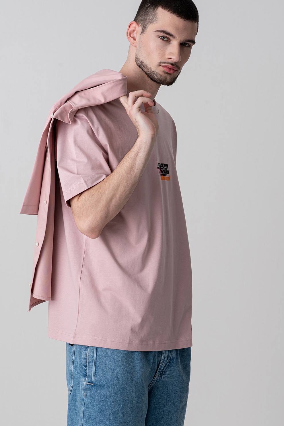 HUGO, Tricou cu logo si decolteu la baza gatului, Roz prafuit, XL