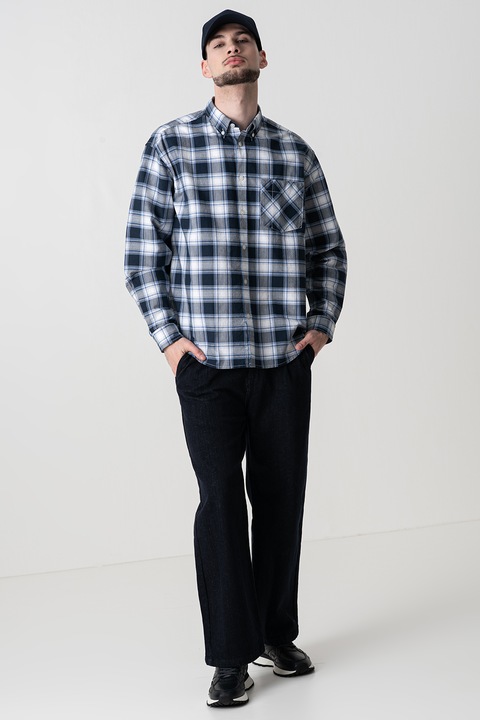 HUGO, Camasa supradimensionata din bumbac Ebill, Alb/Albastru