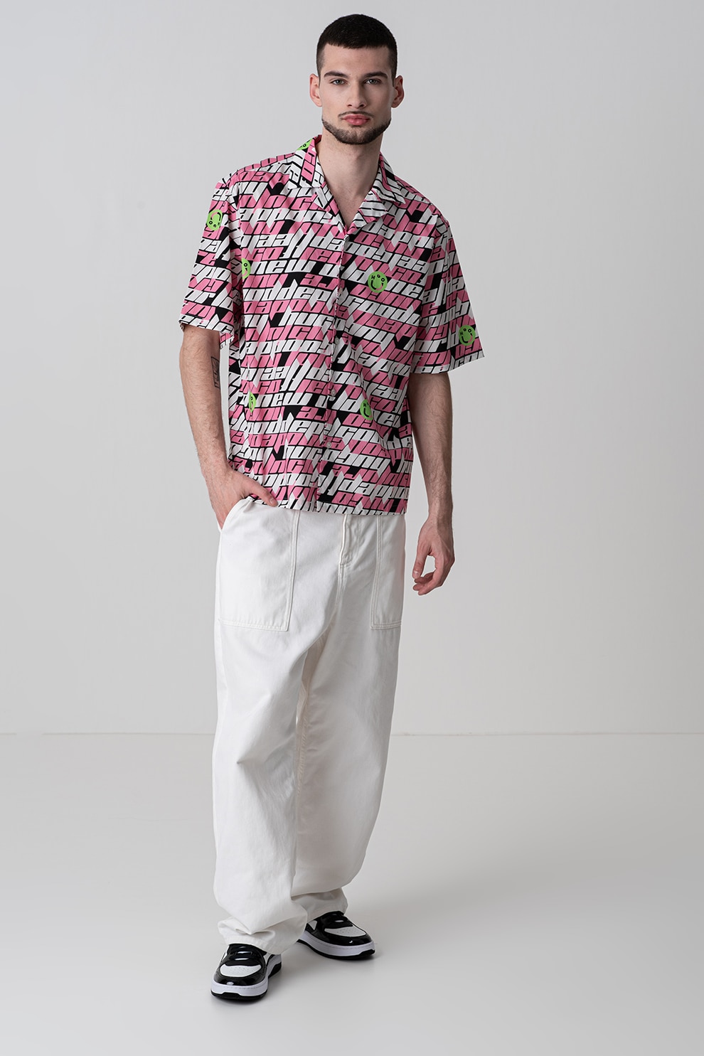 HUGO, Camasa relaxed fit din bumbac Eligino, Alb, Negru, Roz, L