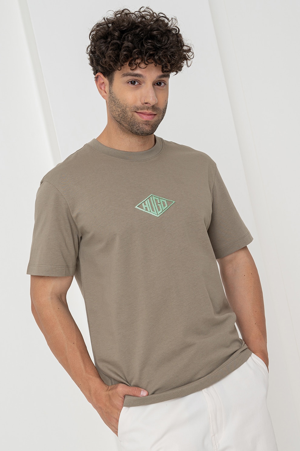 HUGO, Tricou cu logo si decolteu la baza gatului Darunu, Kaki, 2XL