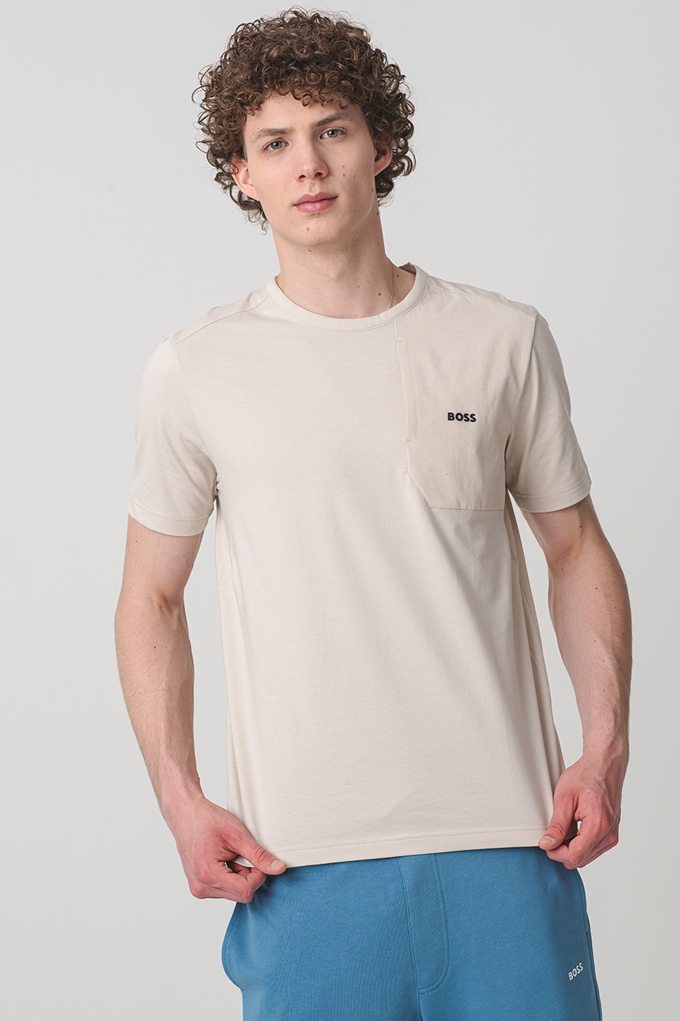 BOSS, Tricou cu buzunar pe piept, Alb fildes, 2XL