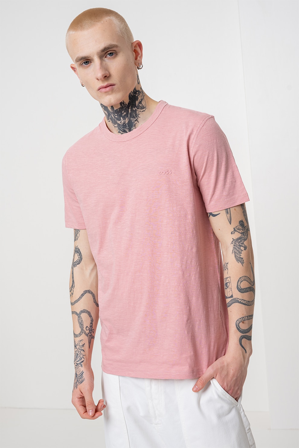 BOSS, Tricou slim fit din bumbac Tegood, Roz, S