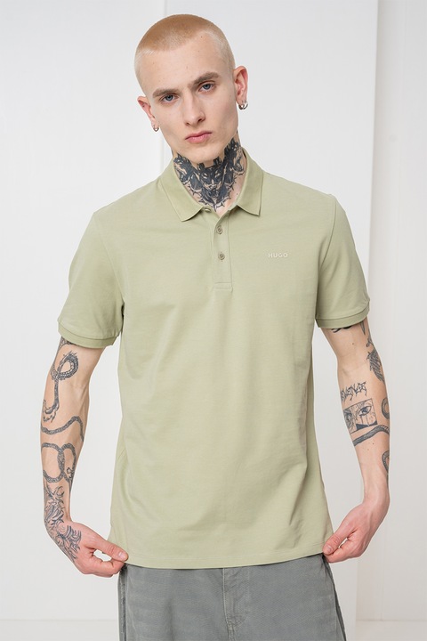 HUGO, Tricou polo din bumbac pique Donos, Verde sparanghel