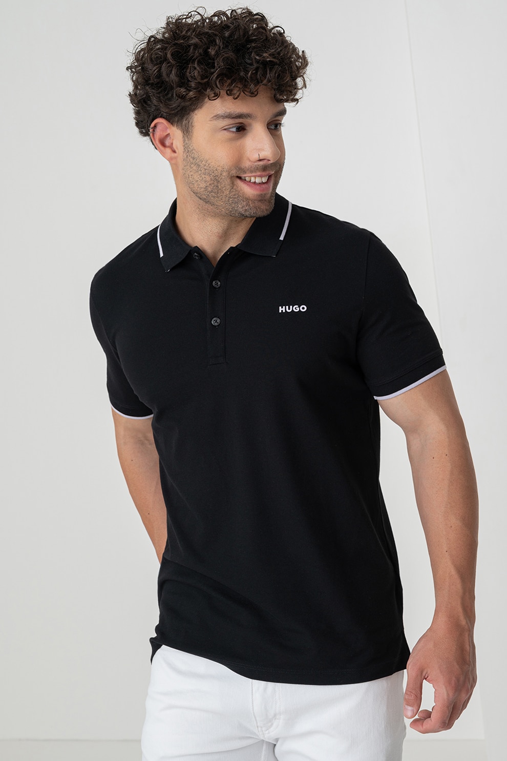 HUGO, Tricou polo slim fit Dinoso, Rosu, Negru, 2XL