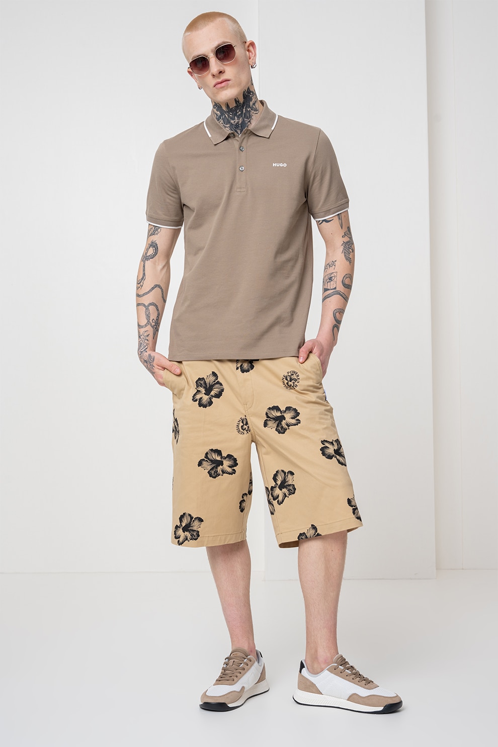 HUGO, Tricou polo slim fit Dinoso, Bej inchis, XL