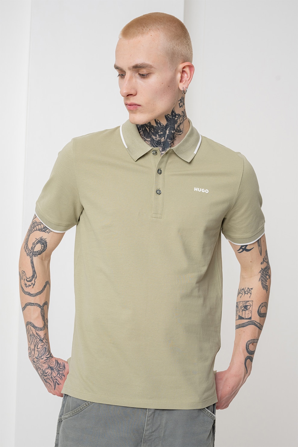 HUGO, Tricou polo slim fit Dinoso, Verde sparanghel, M