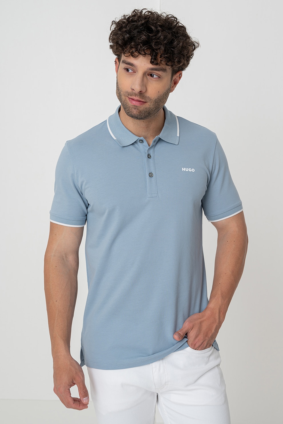 HUGO, Tricou polo slim fit Dinoso, Albastru pastel, M
