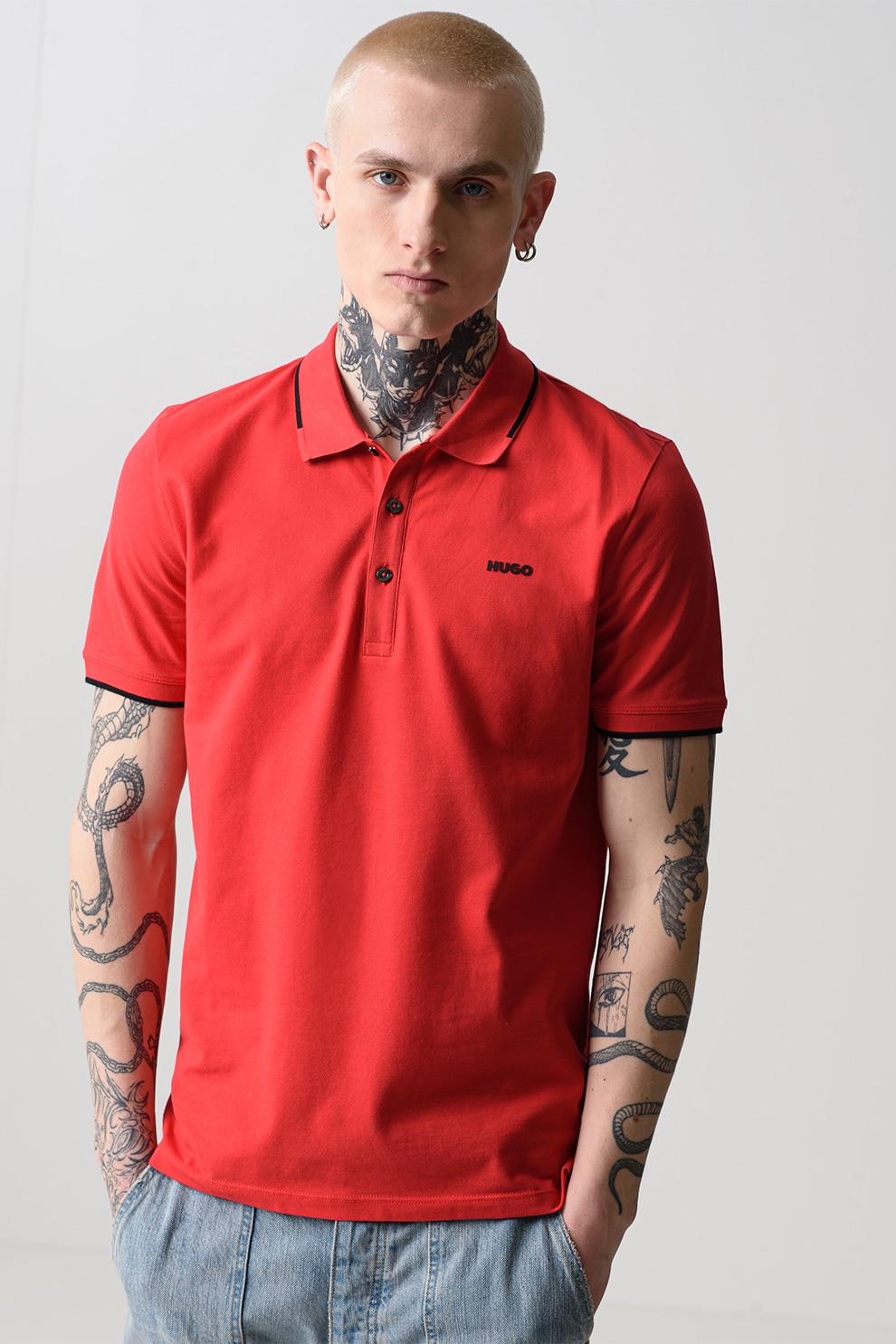 HUGO, Tricou polo slim fit Dinoso, Rosu, XL