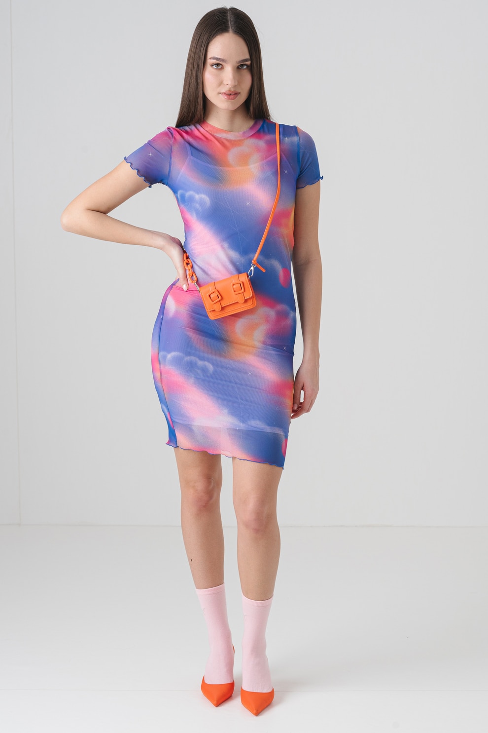 HUGO, Rochie cu maneci scurte si imprimeu Nastaja, Fucsia, Portocaliu pal, Albastru, S