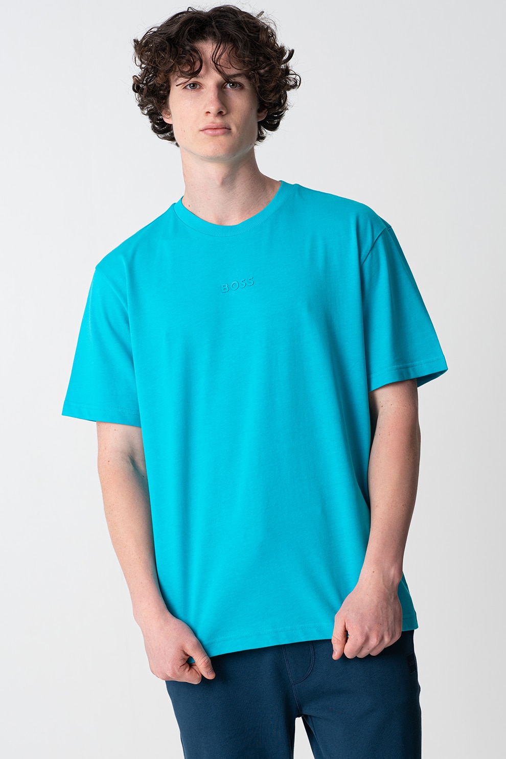 BOSS, Tricou din bumbac cu logo, Albastru deschis, 2XL