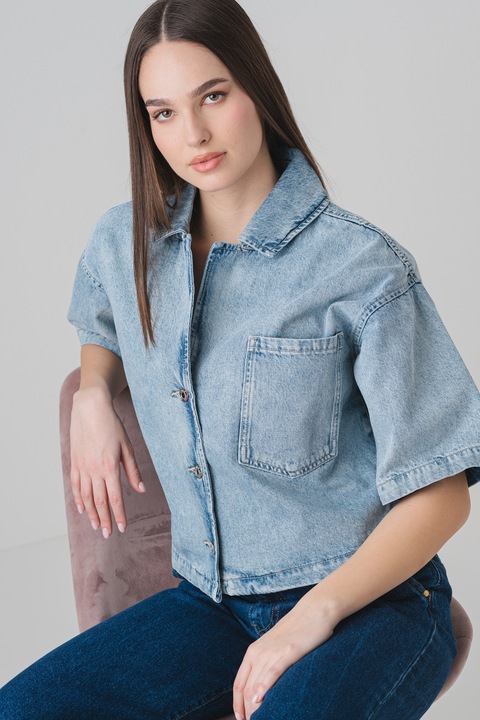 HUGO, Camasa din denim cu maneci cazute, Albastru melange