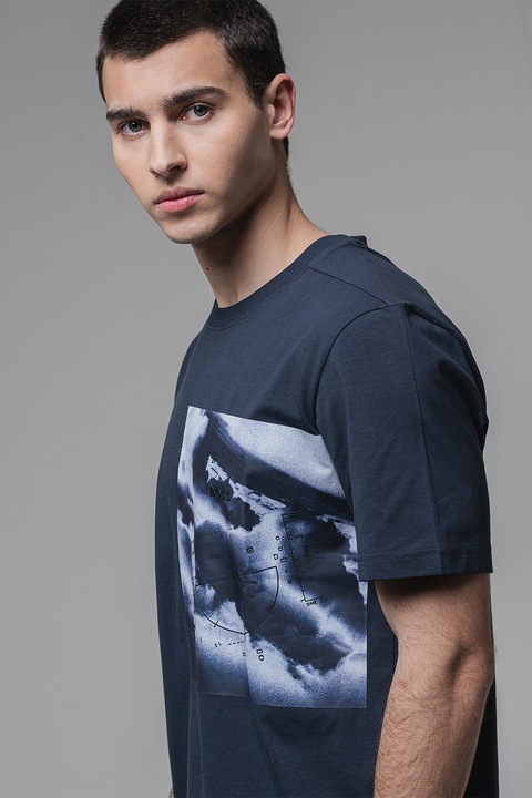 BOSS, Tricou cu imprimeu si decolteu la baza gatului, Albastru ultramarin/Albastru glaciar, S