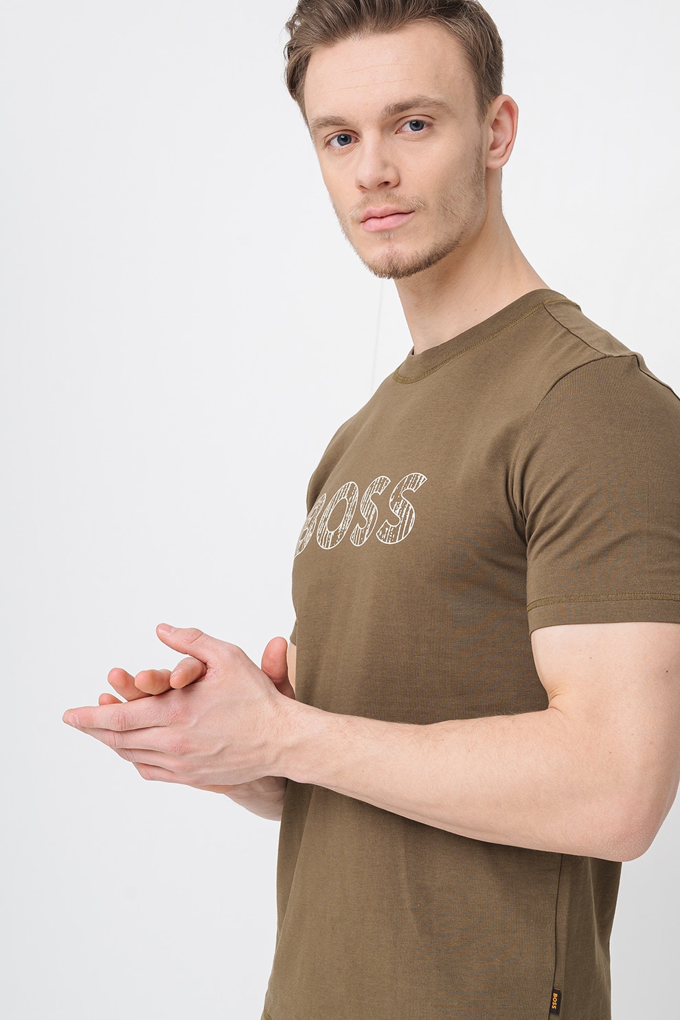 BOSS, Tricou cu imprimeu logo si decolteu la baza gatului, Verde masliniu, 2XL