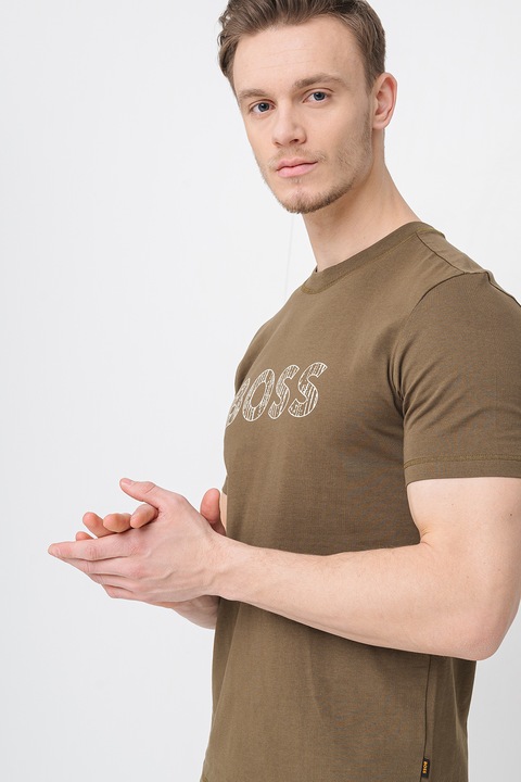 BOSS, Tricou cu imprimeu logo si decolteu la baza gatului, Verde masliniu