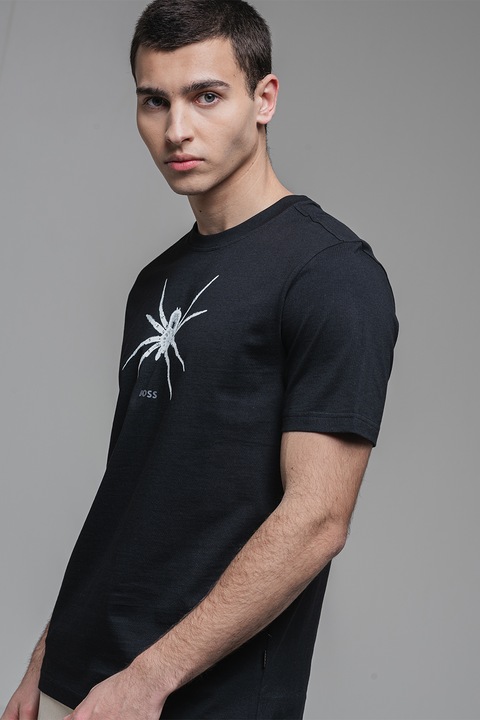 BOSS, Памучна тениска с графика, Черен/Мръснобял, 2XL