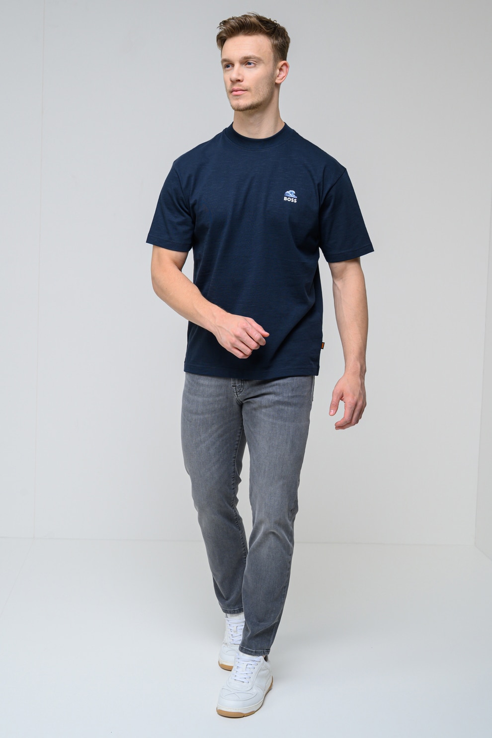 BOSS, Tricou cu decolteu la baza gatului si model, Bleumarin, L