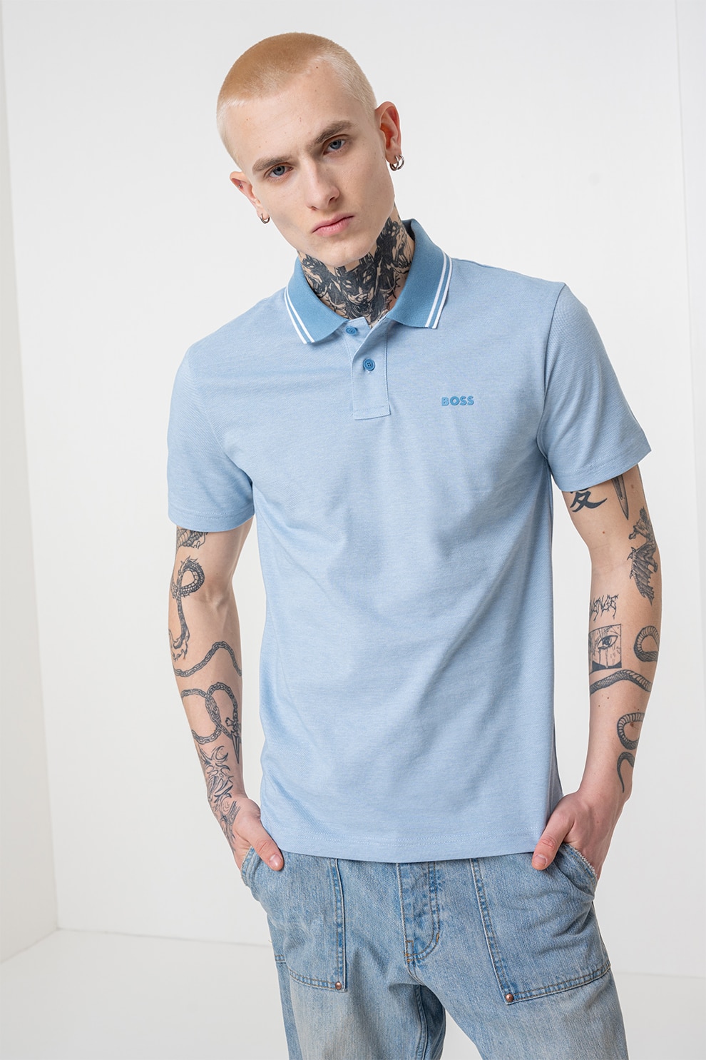 BOSS, Tricou polo relaxed fit Peoxford, Albastru pastel, S