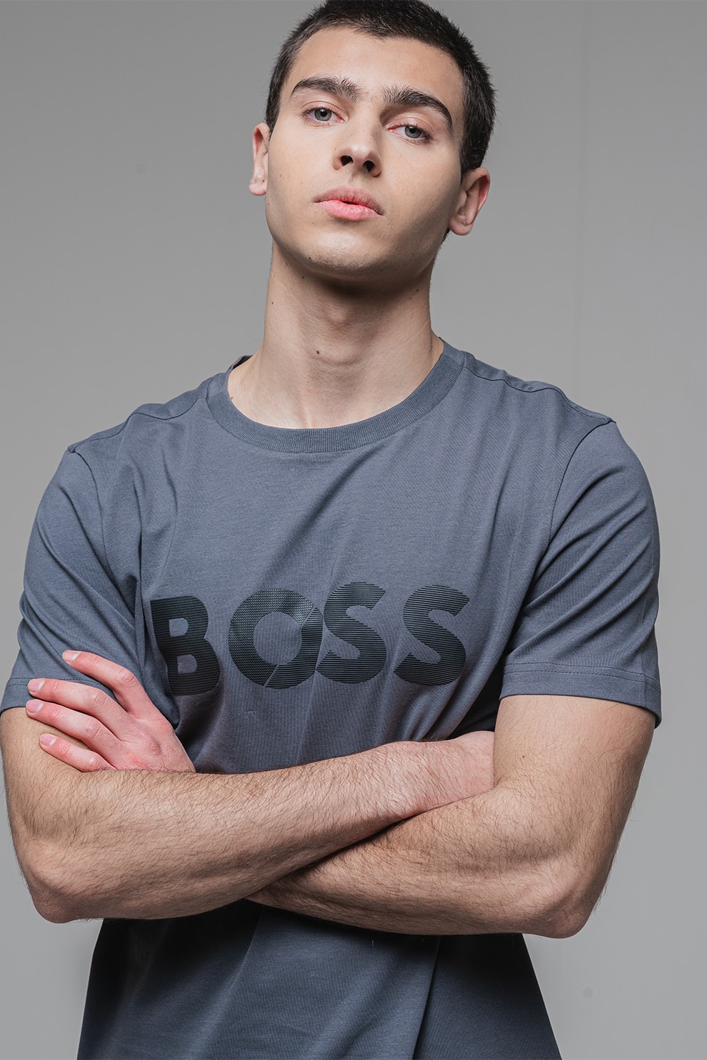 BOSS, Tricou cu imprimeu logo, Negru stins, Gri antracit, S