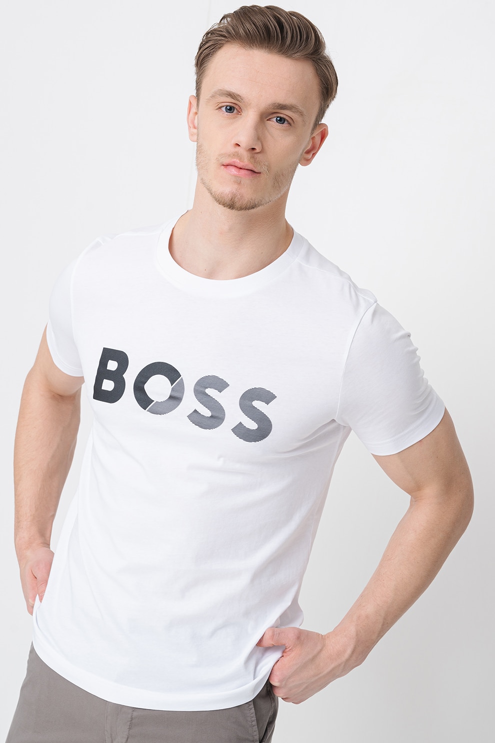 BOSS, Tricou cu imprimeu logo, Negru, Alb optic, 2XL
