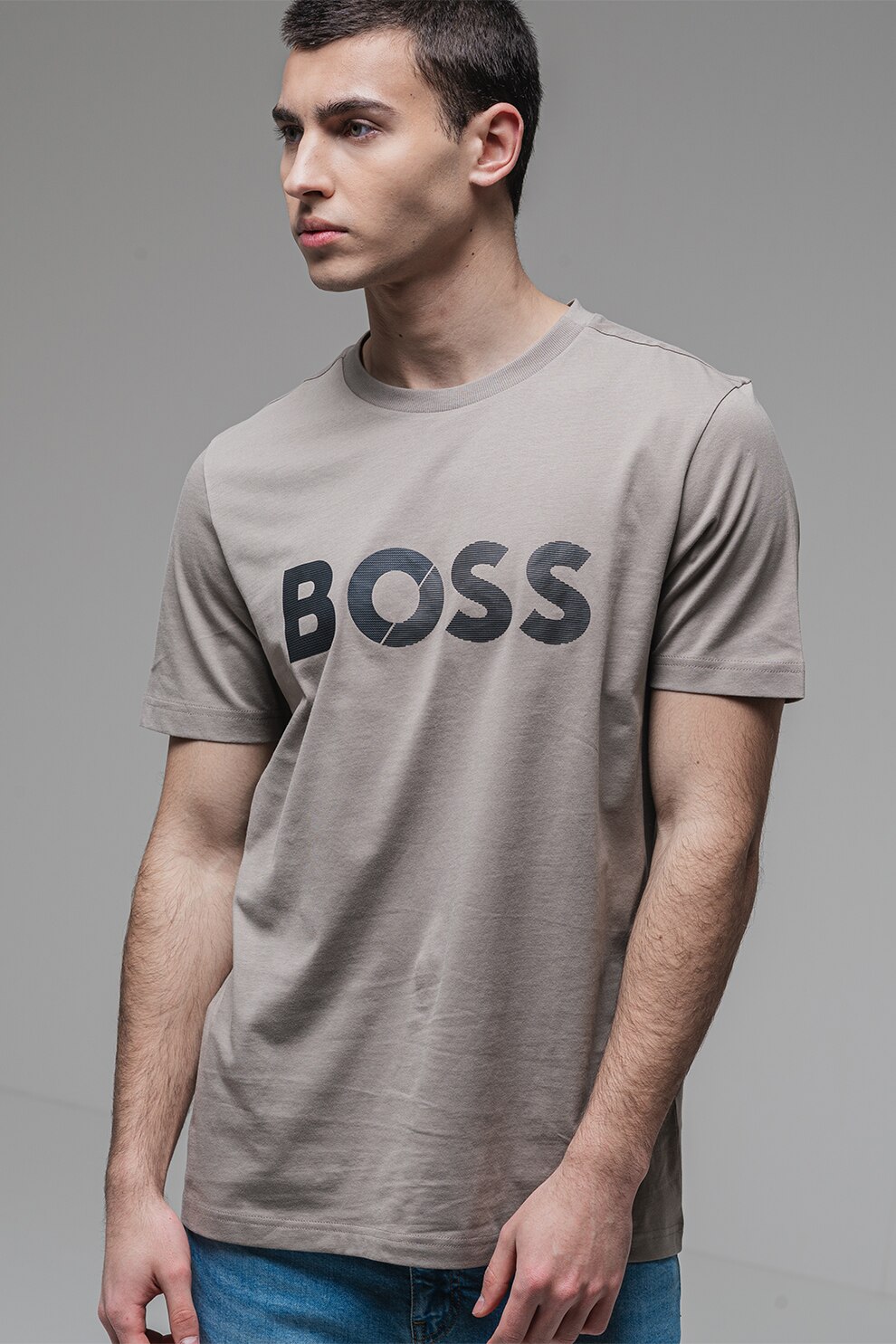 BOSS, Tricou cu imprimeu logo, Negru, Gri inchis, S