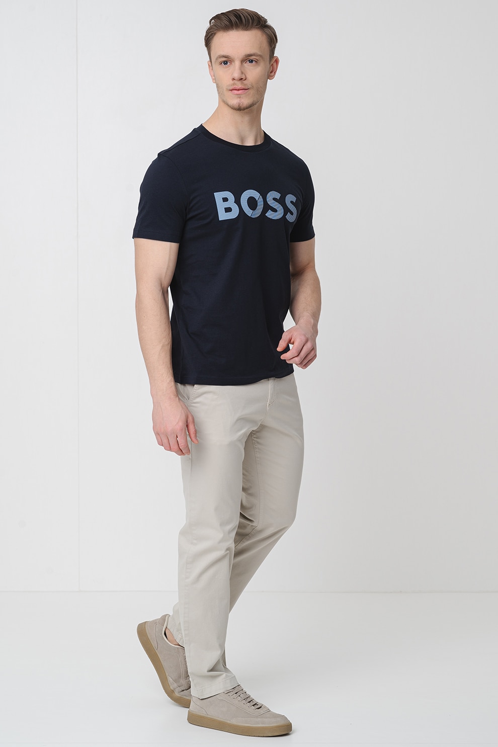 BOSS, Tricou cu imprimeu logo, Negru, Albastru, S