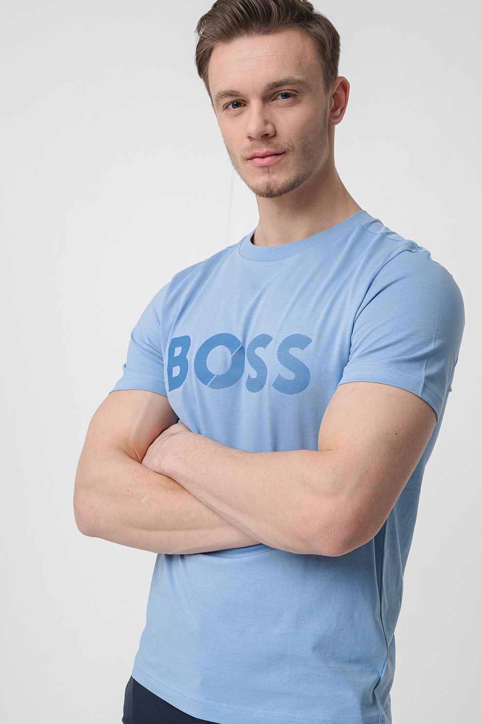 BOSS, Tricou cu imprimeu logo, Albastru pastel, S