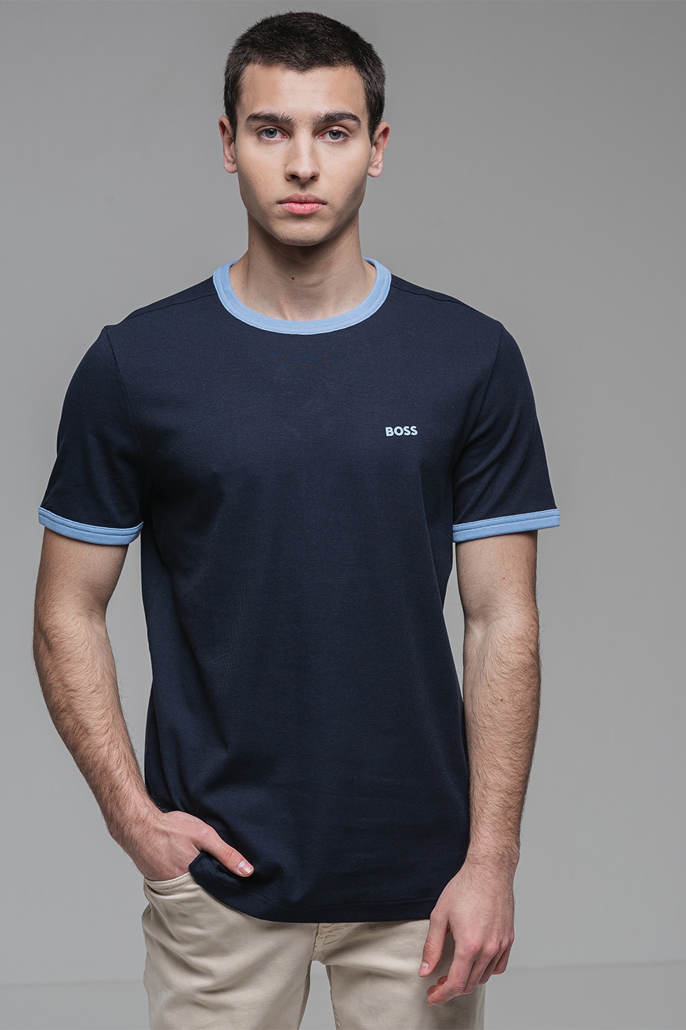 BOSS, Tricou din amestec de bumbac cu decolteu la baza gatului, Albastru pastel, Albastru ultramarin, S