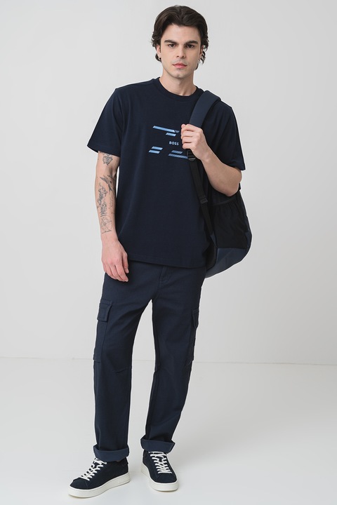 BOSS, Tricou cu imprimeu logo, Albastru ultramarin, M