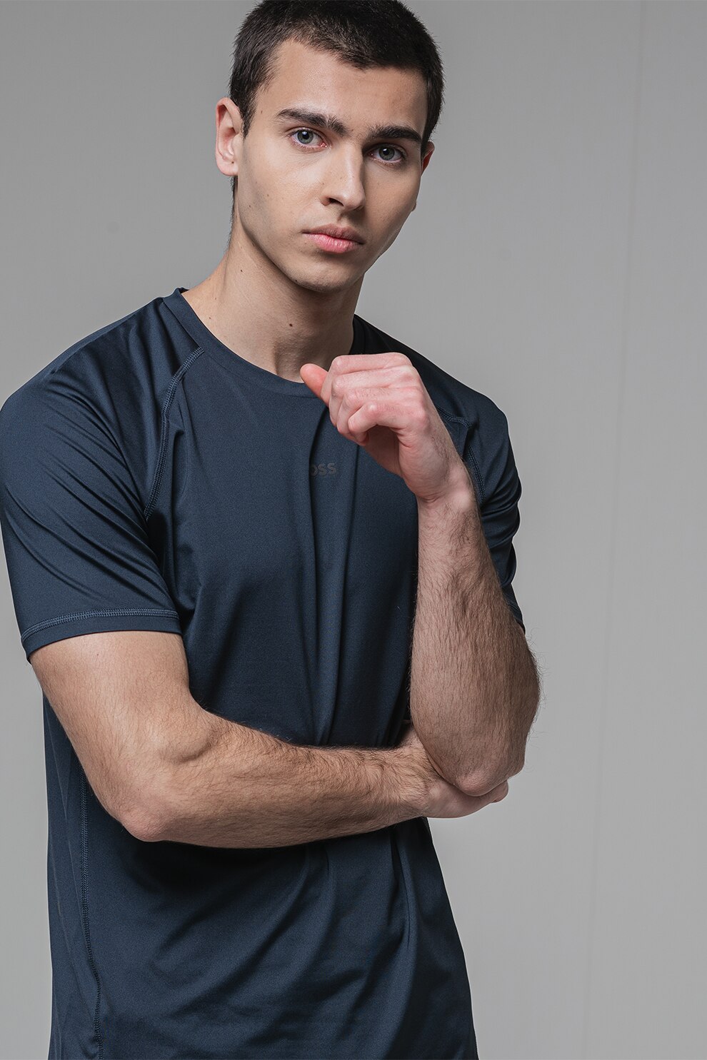 BOSS, Tricou regular-fit cu decolteu la baza gatului, Bleumarin, S