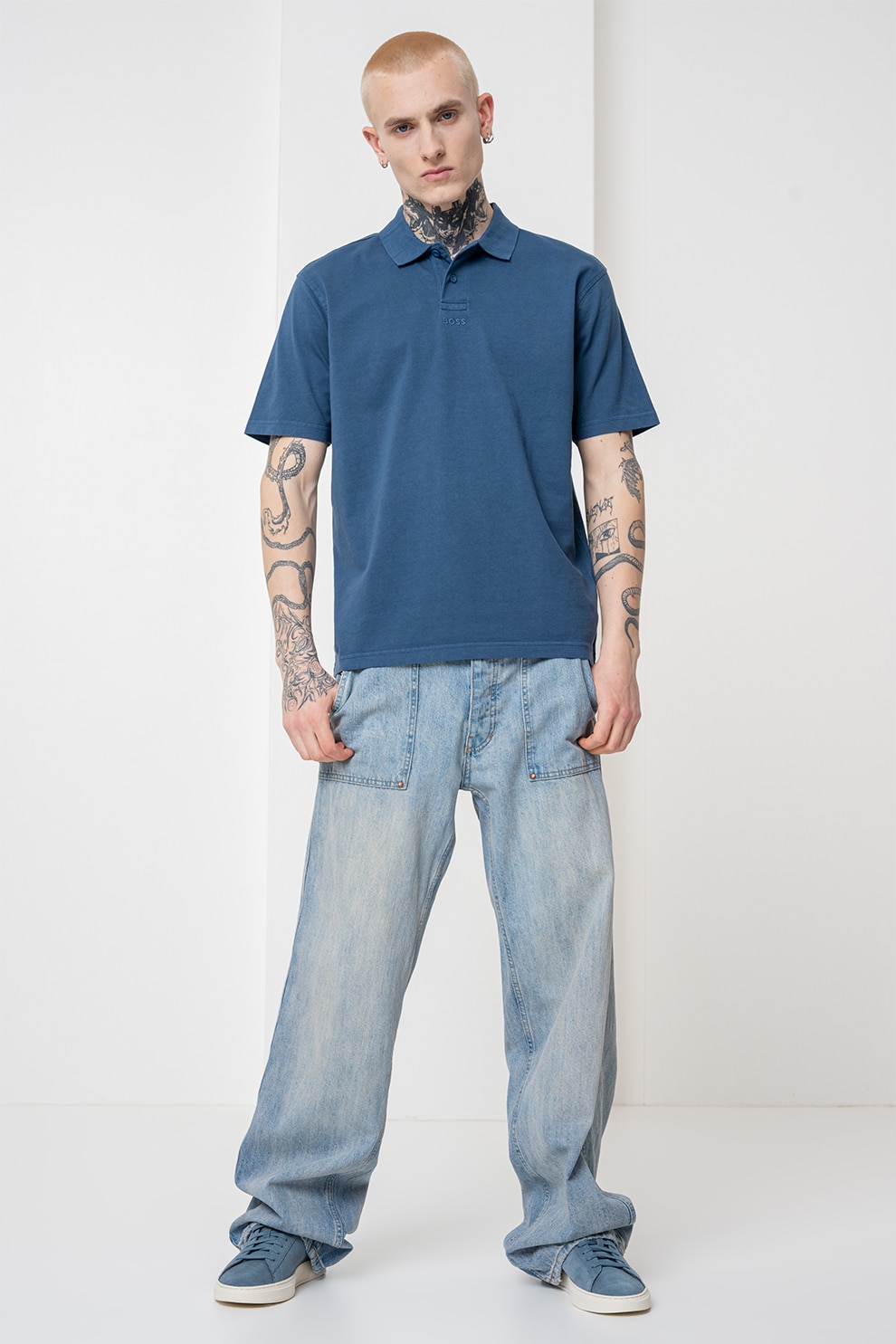 BOSS, Tricou polo relaxed fit, Albastru inchis, L