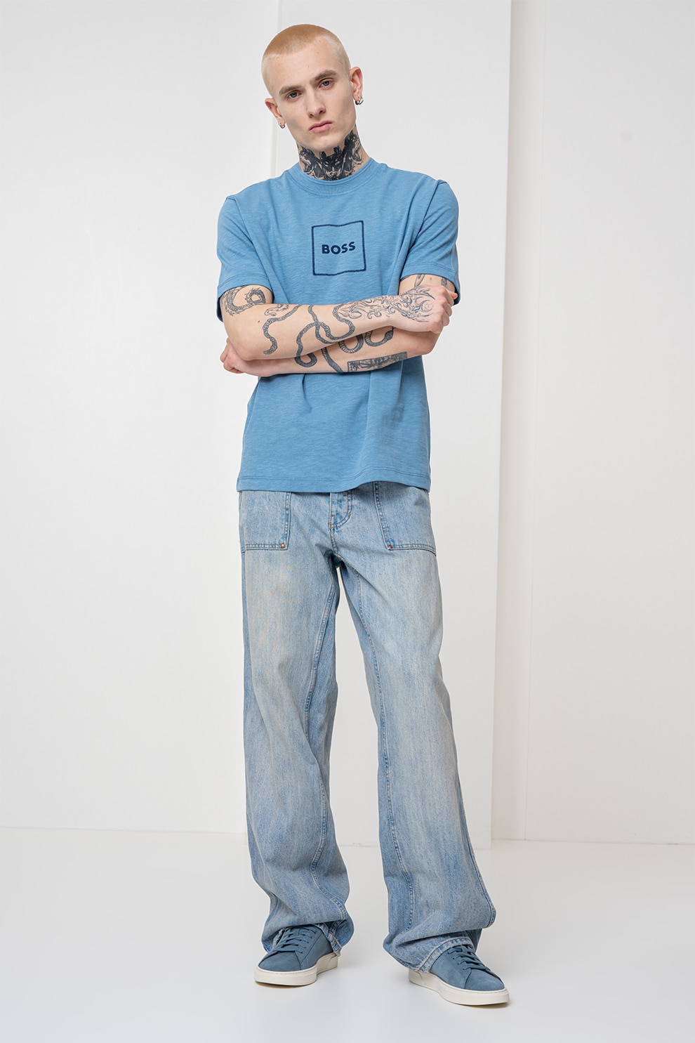 BOSS, Tricou din amestec de in, Albastru lavanda, L