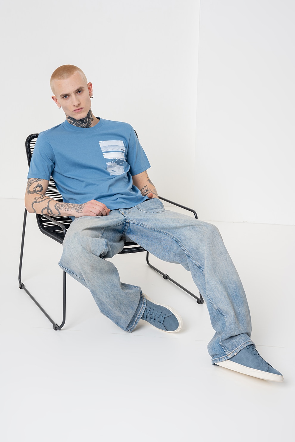 BOSS, Tricou cu imprimeu si decolteu la baza gatului Dune, Albastru, S