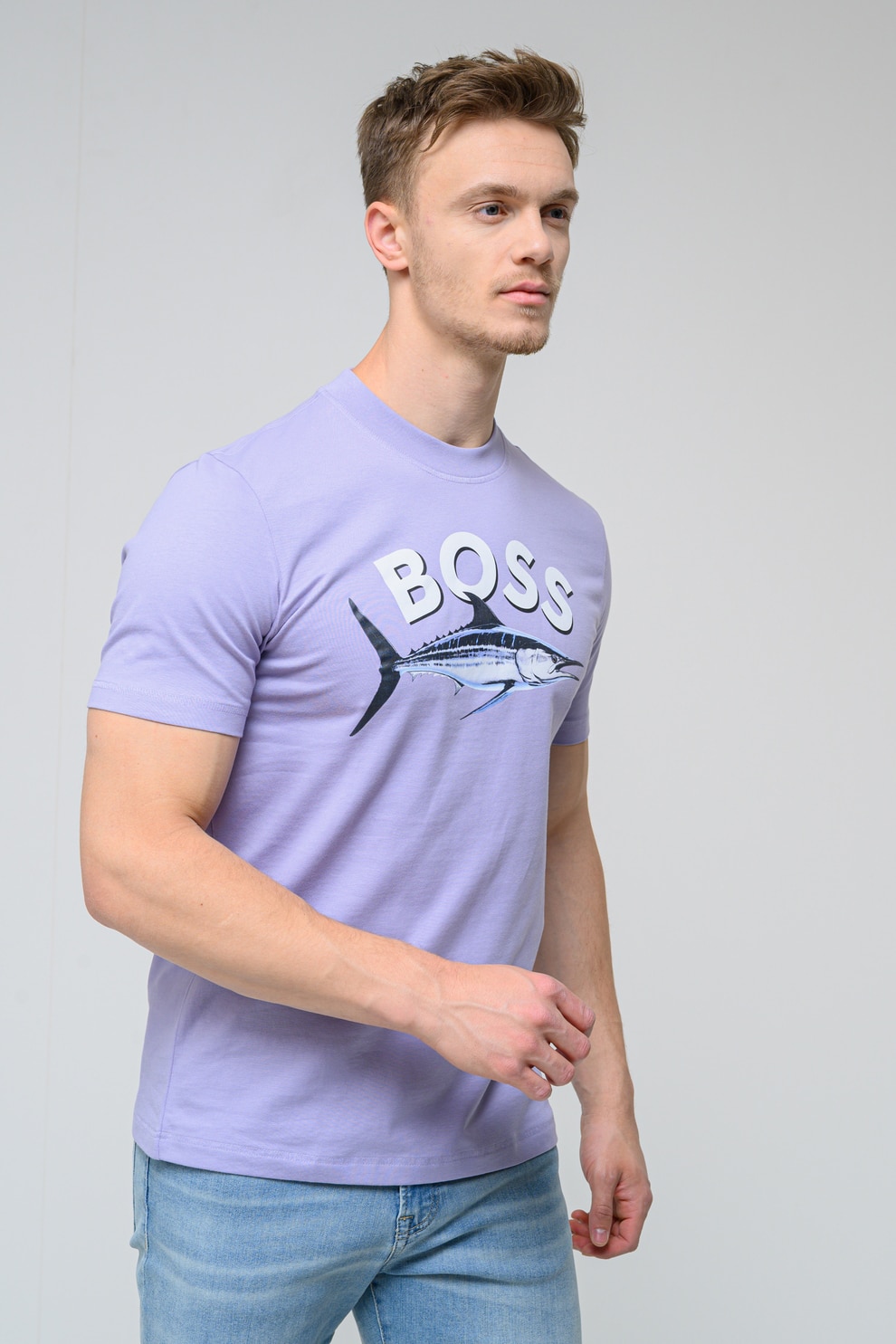 BOSS, Tricou slim fit cu imprimeu, Lila, XL