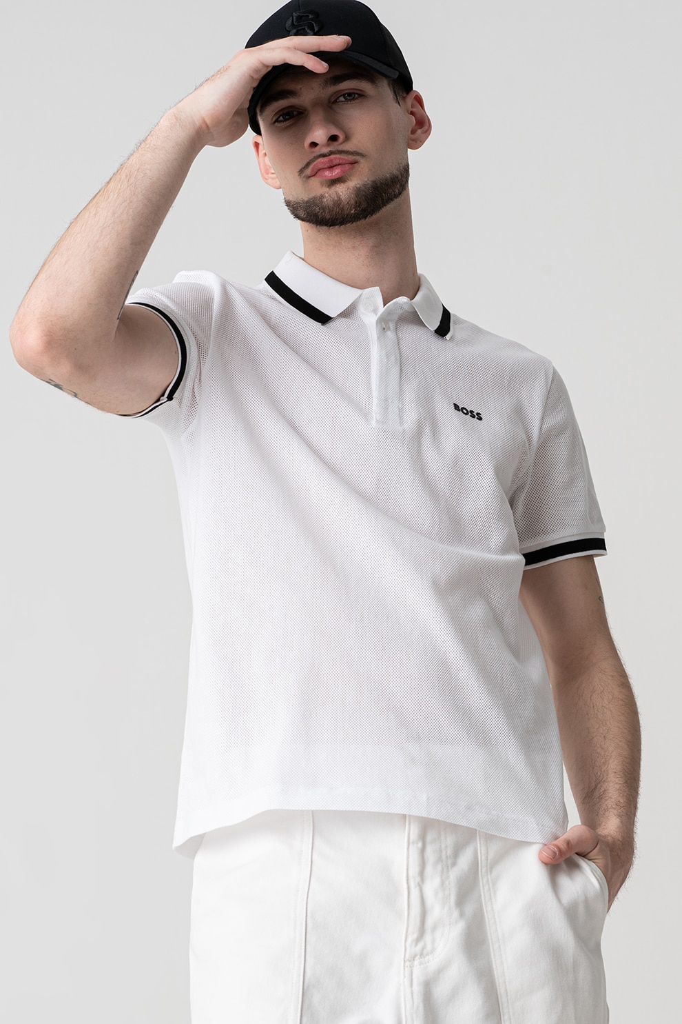 BOSS, Tricou polo din bumbac Paddy, Negru, Alb optic, 2XL