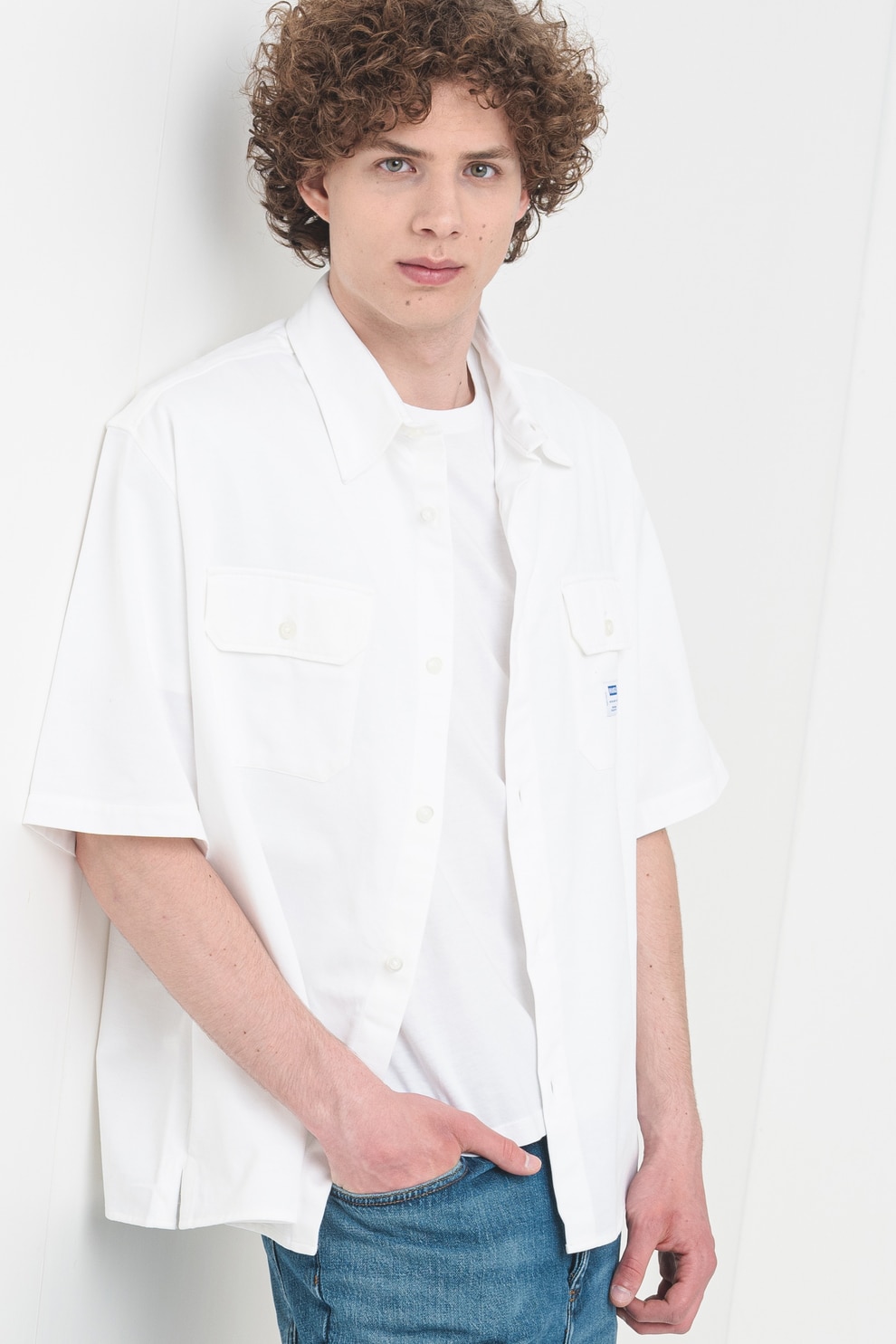 HUGO, Camasa supradimensionata cu maneci scurte, Alb optic, L