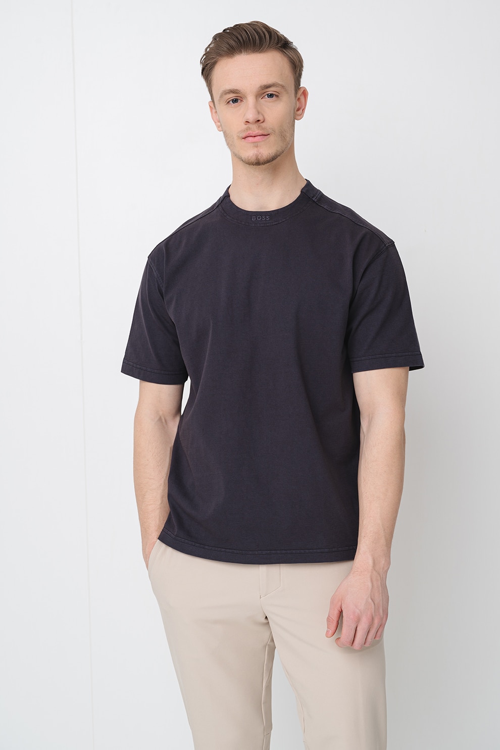 BOSS, Tricou lejer de bumbac, Negru stins, XL