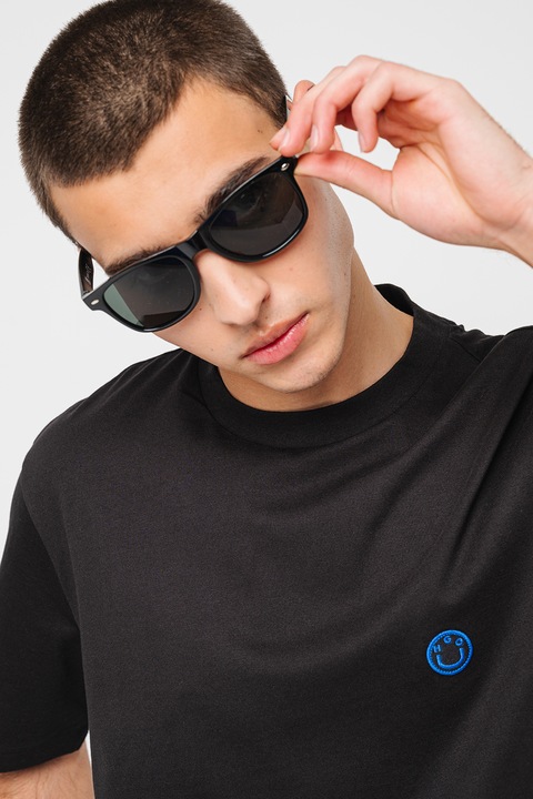 HUGO, Tricou cu decolteu la baza gatului regular fit Niley, Negru/Negru stins, XS