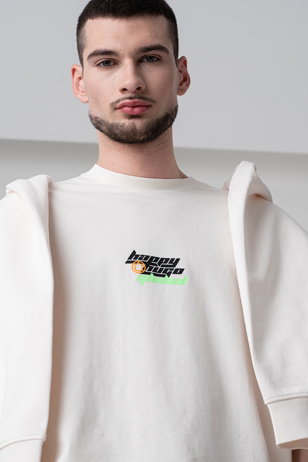 HUGO, Tricou fara maneci cu logo, Verde, Negru, Crem, L