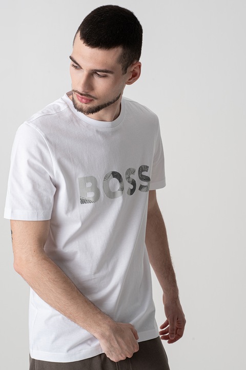 BOSS, Tricou din bumbac cu imprimeu logo, Verde/Alb murdar
