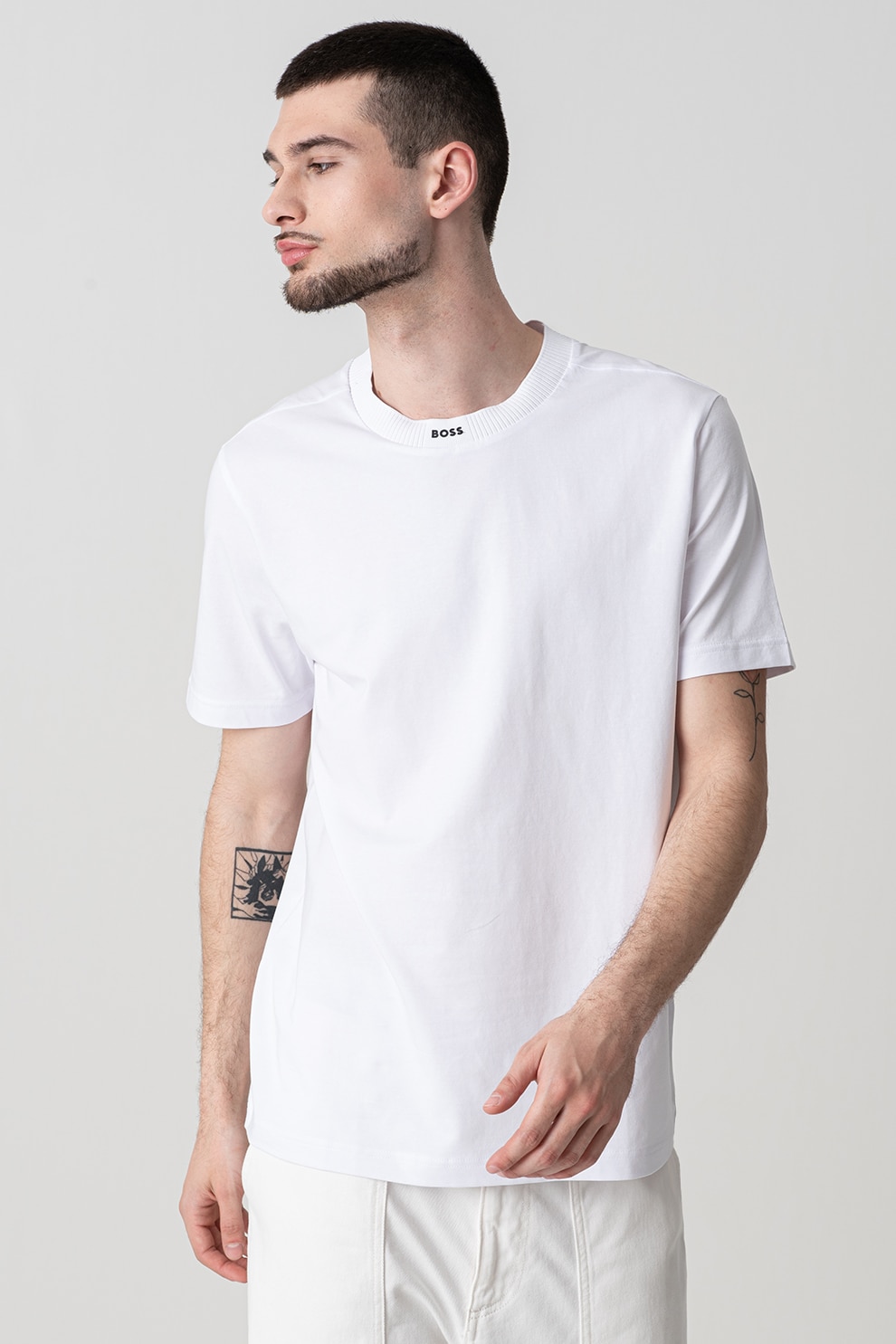 BOSS, Tricou cu decolteu la baza gatului, Alb optic, 2XL