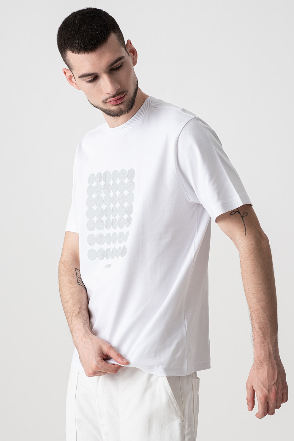 BOSS, Tricou relaxed-fit din bumbac, Alb, Gri cenusiu, 2XL