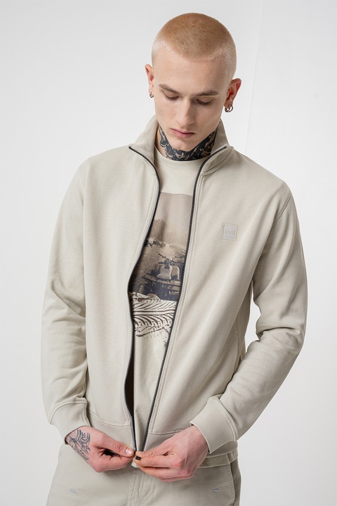 BOSS, Bluza de trening cu fermoar si aplicatie logo discreta Zestart, Gri deschis
