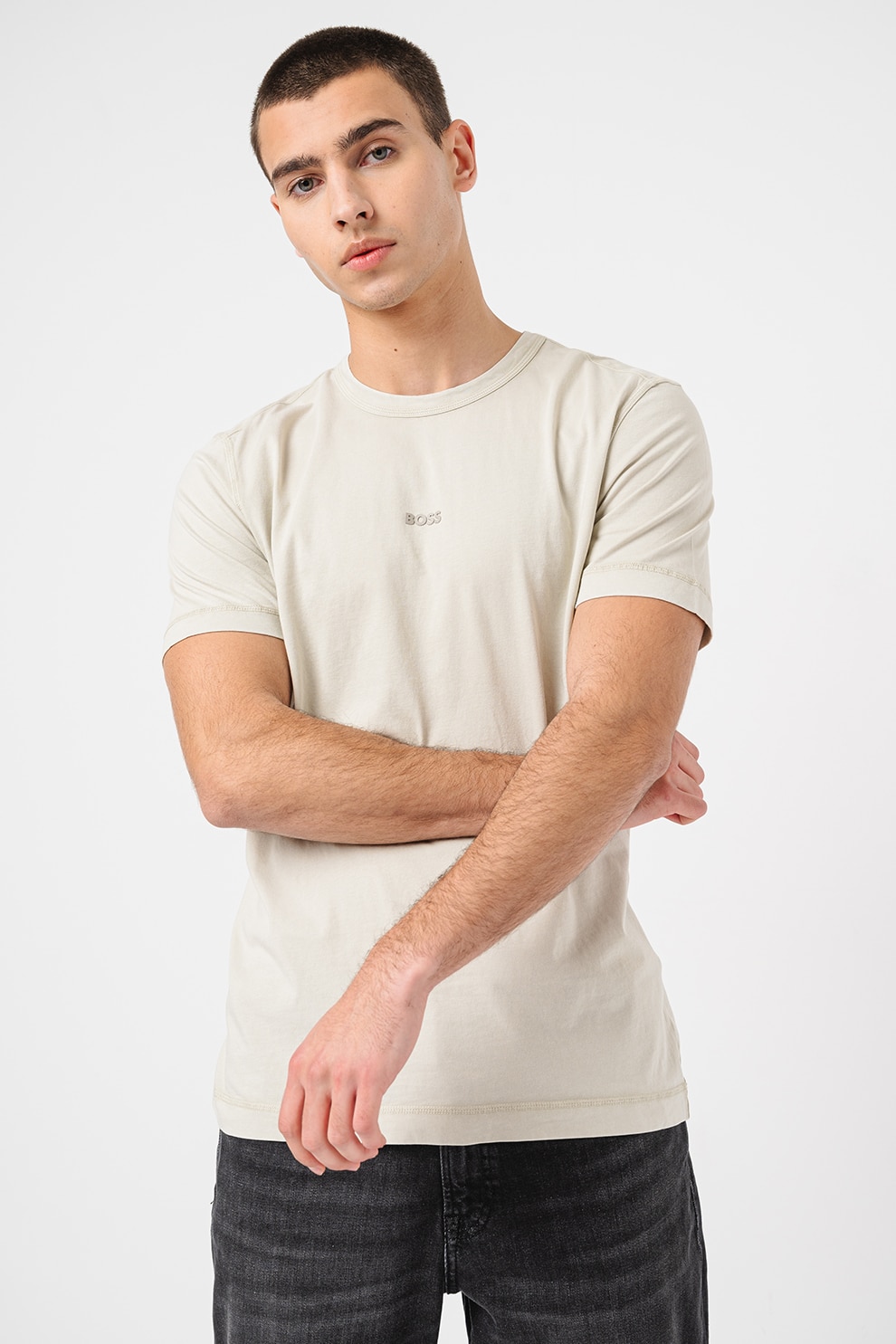 BOSS, Tricou de bumbac Tokks, Alb murdar, 2XL