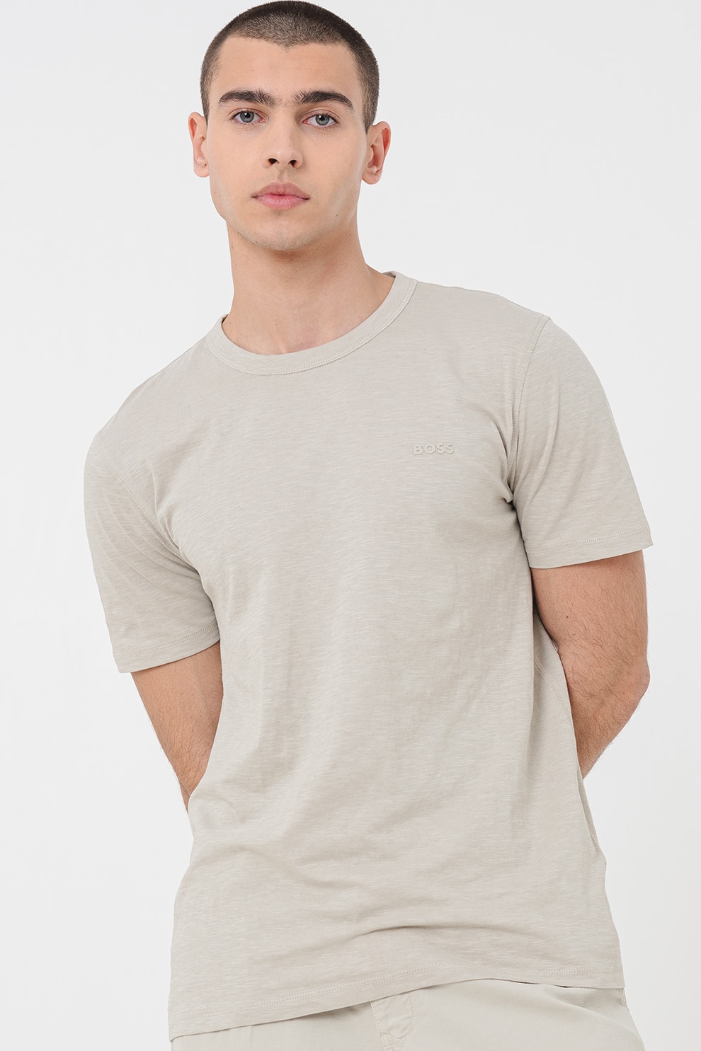 BOSS, Tricou slim fit din bumbac Tegood, Verde pal, Alb murdar, 2XL