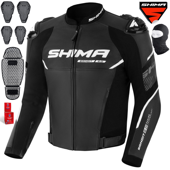 Geaca moto piele, Shima Bandit 2.0 Men BLK, Negru/Alb, 46