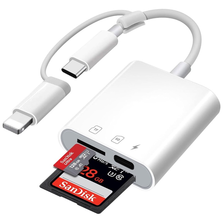 2in1Cititor carduri, USB 3.0, SD / TF / 30w Type-C, Compatibilitate universala, Suporta carduri de pana la 256G, pentru iPhone 5 / 6 / 7 / 8 / X / XS / XR / SE / 11 / 12 / 13 / 14 / 15 / 16 / Mini / Plus / Pro / Max, OUYLAF, Alb