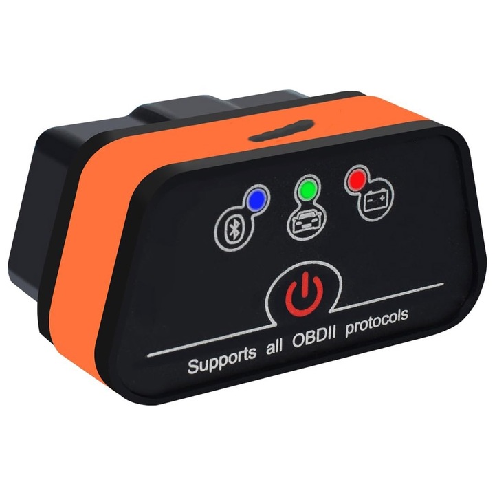 OBD2 autótesztelő, OUYLAF, vLinker iCar 2, BLE4.0, Bluetooth, Android/iOS rendszerrel kompatibilis, fekete/narancssárga, kompakt