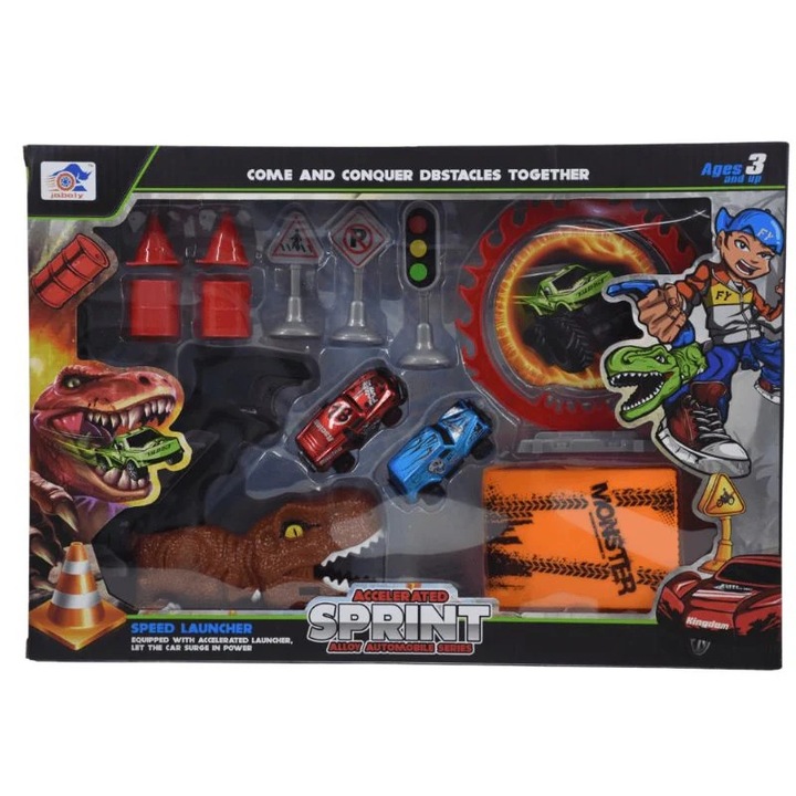Játékkészlet gyerekeknek – Gyorsított sprint: autók, dinoszauruszok és interaktív kiegészítők